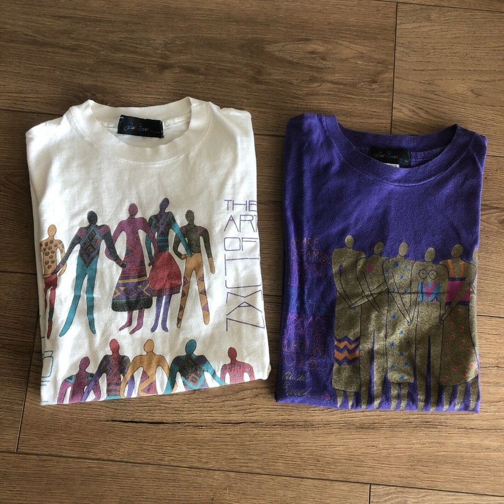 TWO Vintage Laurel Burch Womens T Shirts OSFA One Size 90s Art of Human Made USA